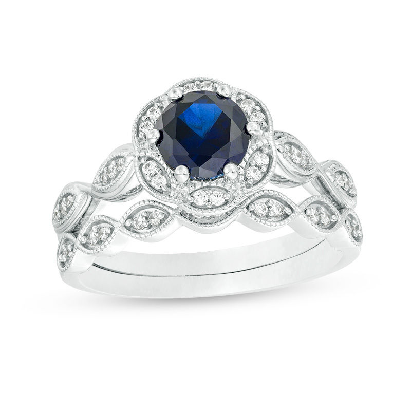 Main Image 1 of 6.0mm Lab-Created Blue Sapphire and 1/5 CT. T.W. Diamond Frame Bridal Set in 10K White Gold