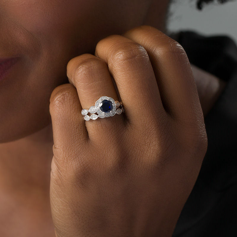 Main Image 2 of 6.0mm Lab-Created Blue Sapphire and 1/5 CT. T.W. Diamond Frame Bridal Set in 10K White Gold