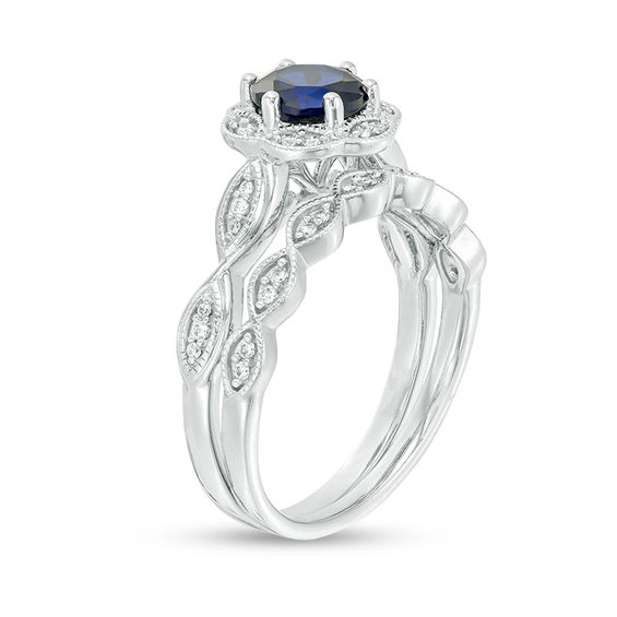 6.0mm Lab-Created Blue Sapphire and 1/5 CT. T.w. Diamond Frame Bridal Set in 10K White Gold