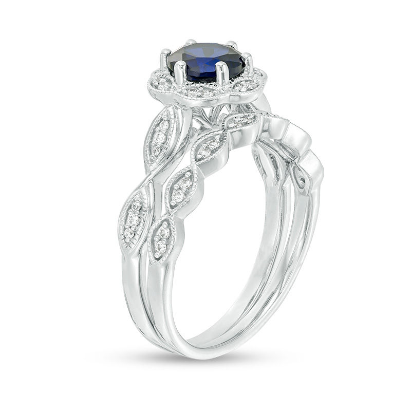 Main Image 3 of 6.0mm Lab-Created Blue Sapphire and 1/5 CT. T.W. Diamond Frame Bridal Set in 10K White Gold