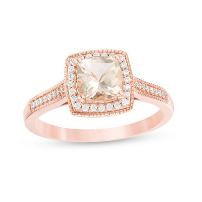 6 0mm Cushion Cut Morganite And 1 8 Ct T W Diamond Frame Vintage