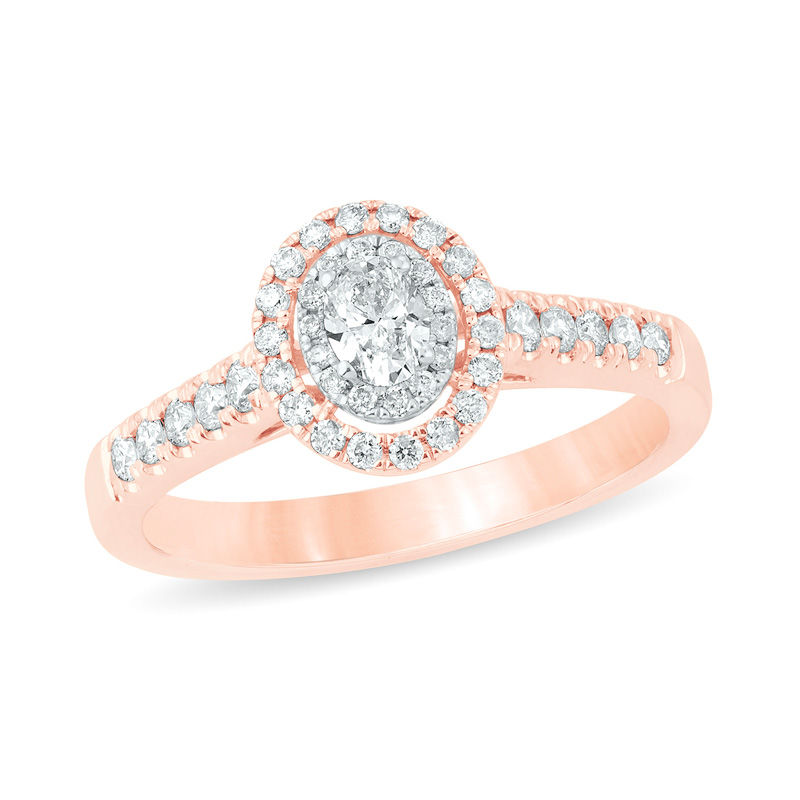 Main Image 1 of 1/2 CT. T.W. Oval Diamond Double Frame Engagement Ring in 14K Rose Gold