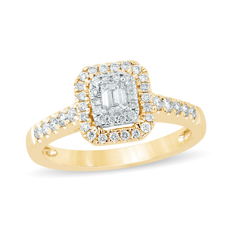 Main Image 1 of 1/2 CT. T.W. Emerald-Cut Diamond Double Frame Engagement Ring in 14K Gold