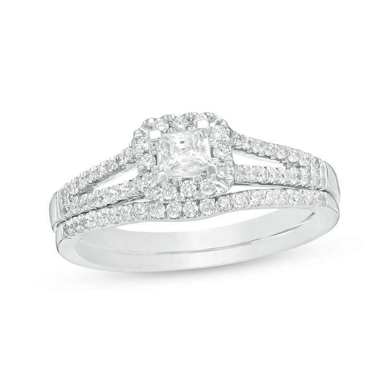 Main Image 1 of 1/3 CT. T.W. Princess-Cut Diamond Frame Split Shank Bridal Set in 10K White Gold