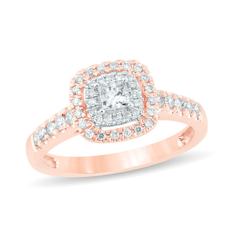 Main Image 1 of 1/2 CT. T.W. Princess-Cut Diamond Double Frame Engagement Ring in 14K Rose Gold