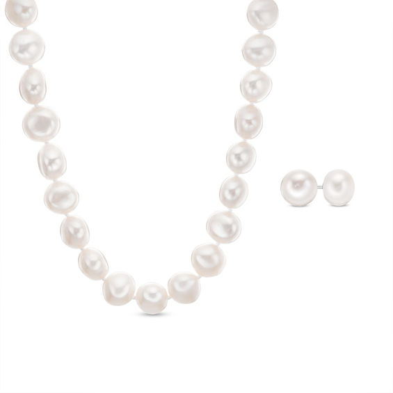 8.0 - 9.0mm Baroque Cultured Freshwater Pearl Strand Necklace and Stud Earrings Set with Sterling Silver Clasp