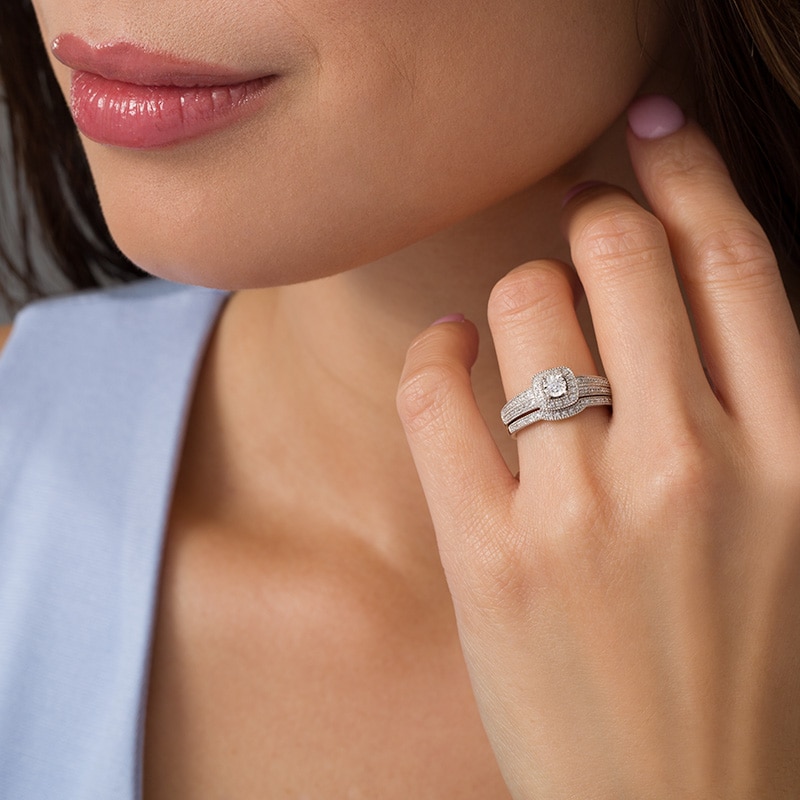 Main Image 2 of 1/5 CT. T.W. Diamond Cushion Frame Vintage-Style Bridal Set in 10K White Gold