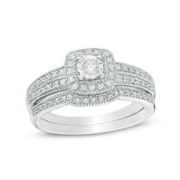 1/5 CT. T.W. Diamond Cushion Frame Vintage-Style Bridal Set in 10K White Gold