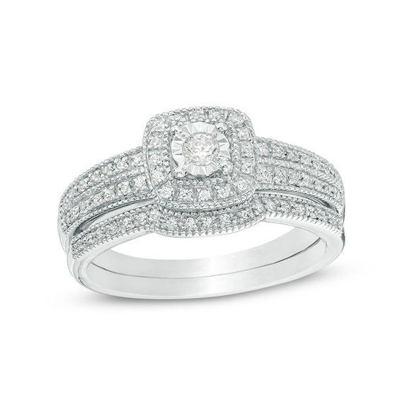 1/5 CT. T.w. Diamond Cushion Frame Vintage-Style Bridal Set in 10K White Gold
