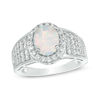 Thumbnail Image 1 of Oval Lab-Created Opal and White Sapphire Frame Multi-Row Ring in Sterling Silver