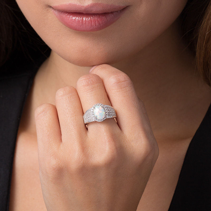 Main Image 2 of Oval Lab-Created Opal and White Sapphire Frame Multi-Row Ring in Sterling Silver
