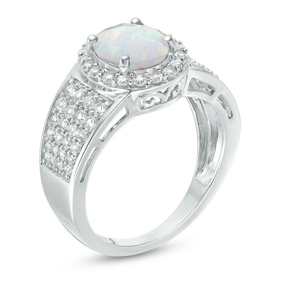 Oval Lab-Created Opal and White Sapphire Frame Multi-Row Ring in Sterling Silver