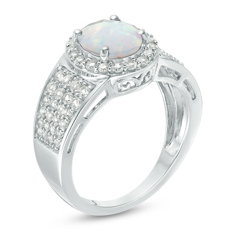 Main Image 3 of Oval Lab-Created Opal and White Sapphire Frame Multi-Row Ring in Sterling Silver