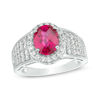 Thumbnail Image 0 of Oval Lab-Created Ruby and White Sapphire Frame Multi-Row Ring in Sterling Silver