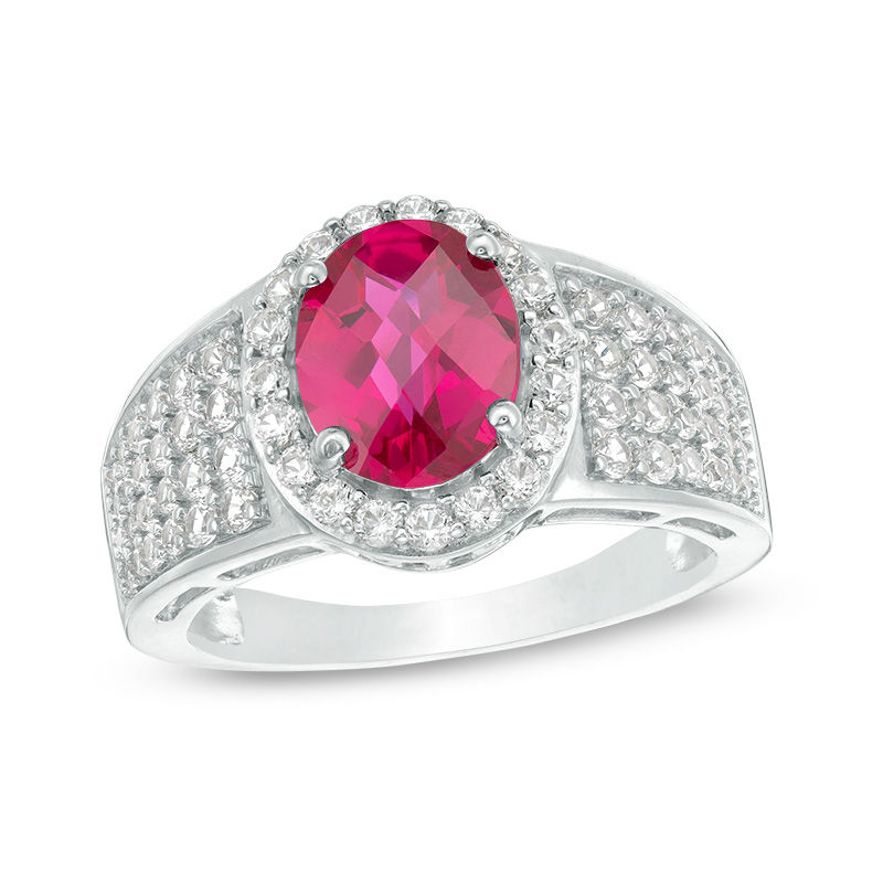 Main Image 1 of Oval Lab-Created Ruby and White Sapphire Frame Multi-Row Ring in Sterling Silver
