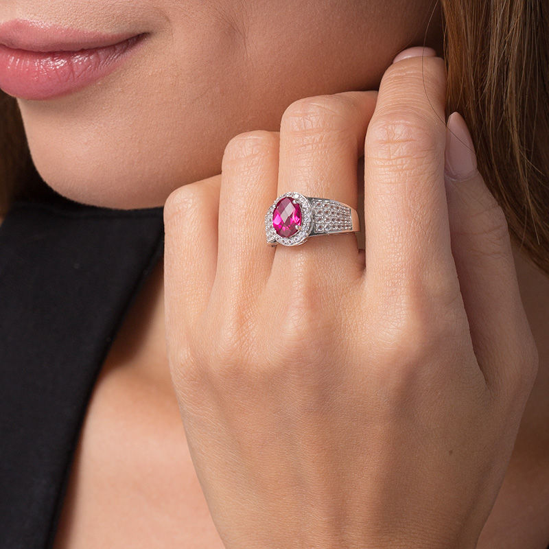 Oval Lab-Created Ruby and White Sapphire Frame Multi-Row Ring in Sterling Silver