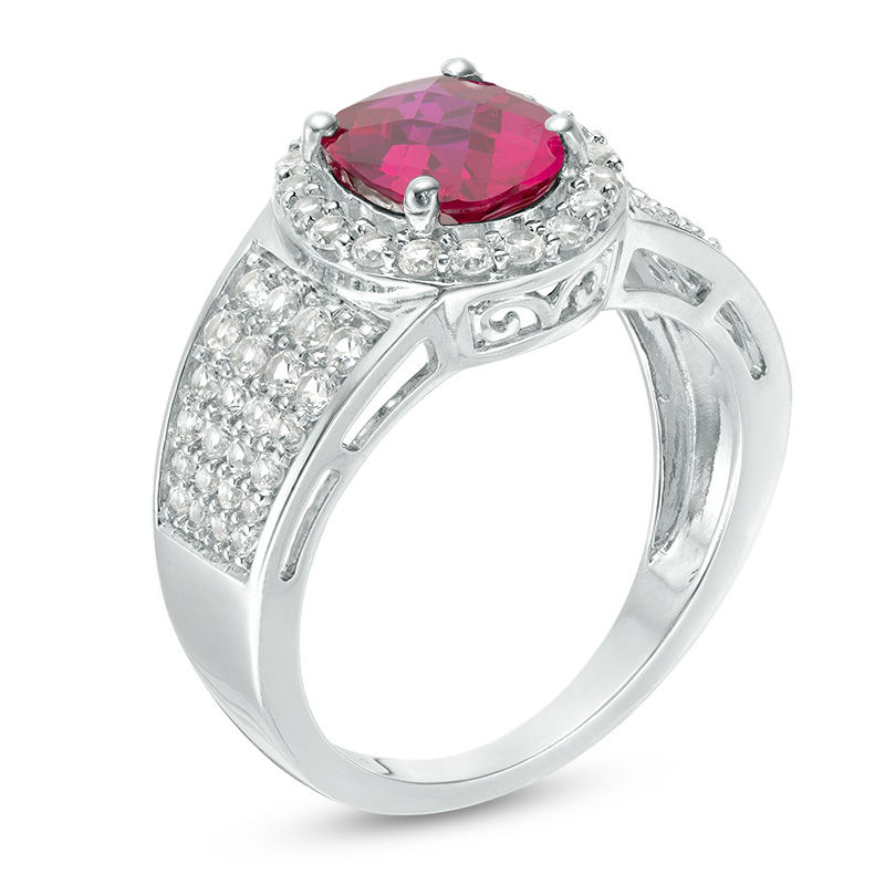 Oval Lab-Created Ruby and White Sapphire Frame Multi-Row Ring in Sterling Silver