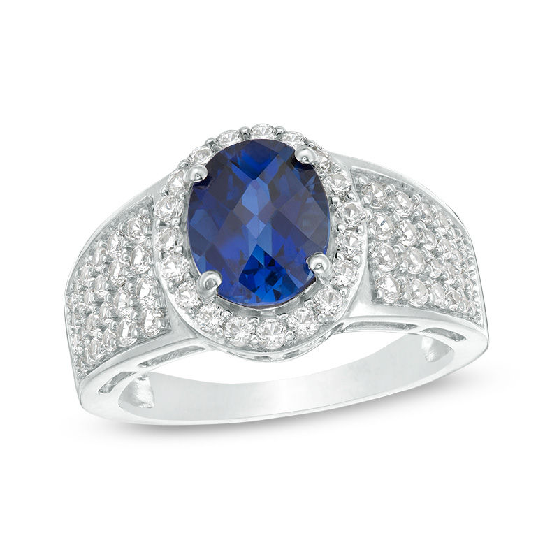 Main Image 1 of Oval Lab-Created Blue and White Sapphire Frame Multi-Row Ring in Sterling Silver