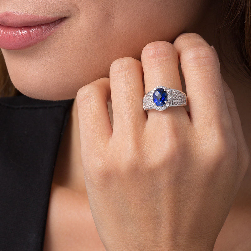 Main Image 2 of Oval Lab-Created Blue and White Sapphire Frame Multi-Row Ring in Sterling Silver