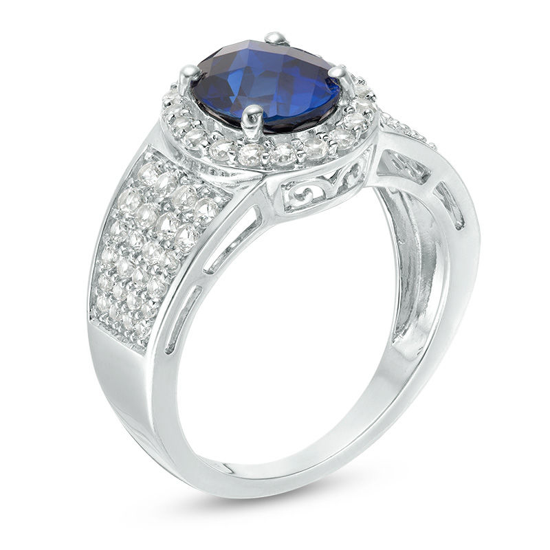 Main Image 3 of Oval Lab-Created Blue and White Sapphire Frame Multi-Row Ring in Sterling Silver