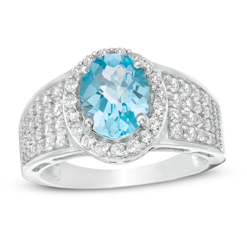 Main Image 1 of Oval Swiss Blue Topaz and Lab-Created White Sapphire Frame Multi-Row Ring in Sterling Silver
