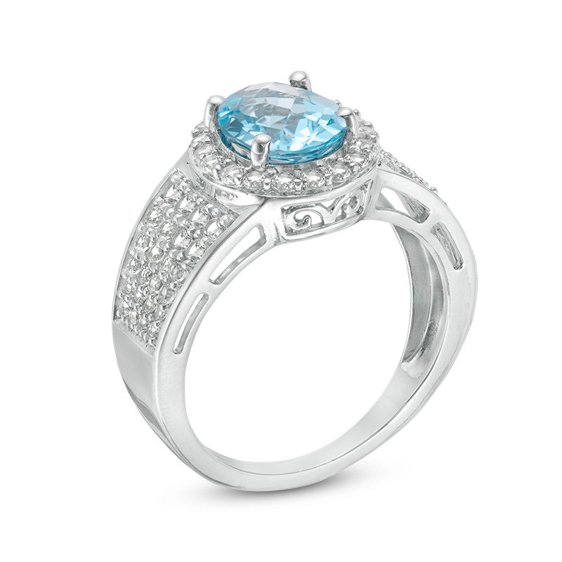 Main Image 2 of Oval Swiss Blue Topaz and Lab-Created White Sapphire Frame Multi-Row Ring in Sterling Silver