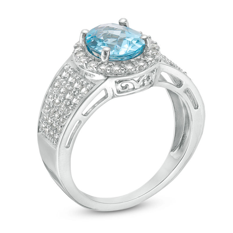 Main Image 3 of Oval Swiss Blue Topaz and Lab-Created White Sapphire Frame Multi-Row Ring in Sterling Silver