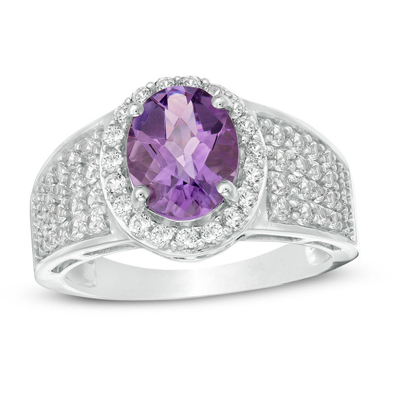 Main Image 1 of Oval Amethyst and Lab-Created White Sapphire Frame Multi-Row Ring in Sterling Silver