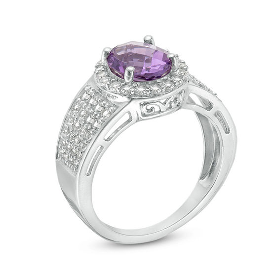 Oval Amethyst and Lab-Created White Sapphire Frame Multi-Row Ring in Sterling Silver