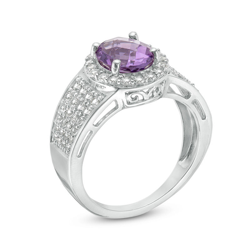 Main Image 2 of Oval Amethyst and Lab-Created White Sapphire Frame Multi-Row Ring in Sterling Silver