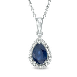 Pear-Shaped Blue Sapphire and 1/15 CT. T.W. Diamond Frame Teardrop Pendant in 10K White Gold