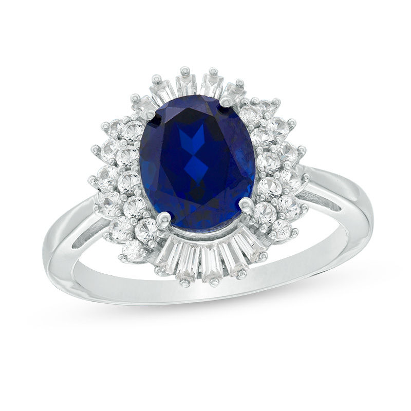 Main Image 1 of Oval Lab-Created Ceylon Blue and White Sapphire Frame Ring in Sterling Silver