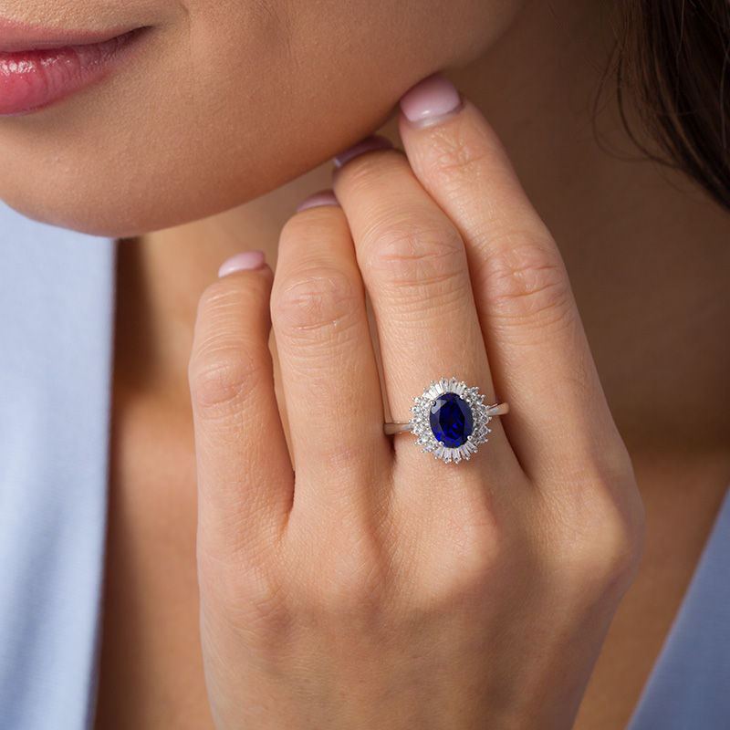 Main Image 2 of Oval Lab-Created Ceylon Blue and White Sapphire Frame Ring in Sterling Silver