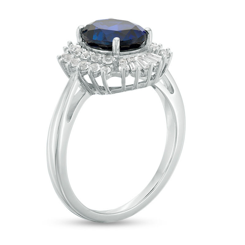 Main Image 3 of Oval Lab-Created Ceylon Blue and White Sapphire Frame Ring in Sterling Silver
