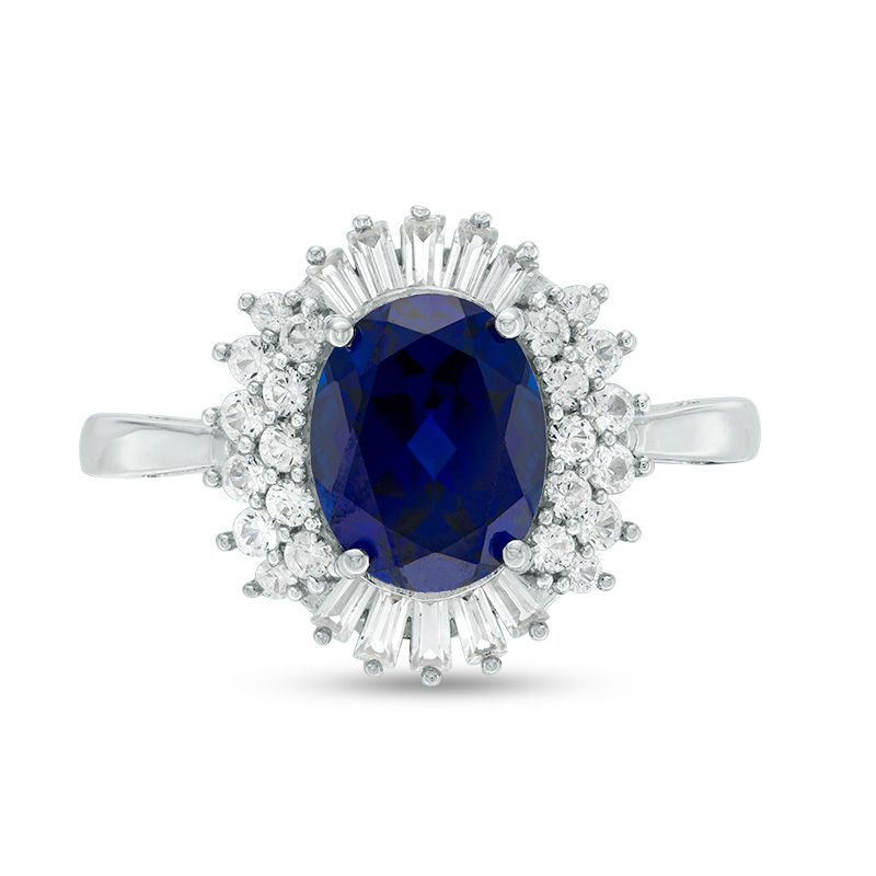 Oval Lab-Created Ceylon Blue and White Sapphire Frame Ring in Sterling Silver