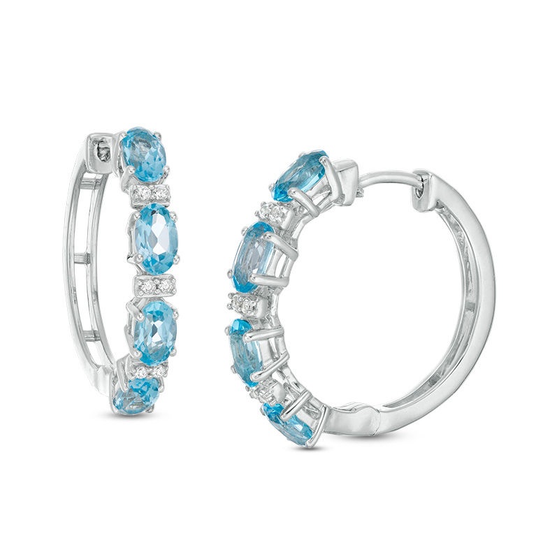 Main Image 1 of Oval Swiss Blue Topaz and Lab-Created White Sapphire Hoop Earrings in Sterling Silver