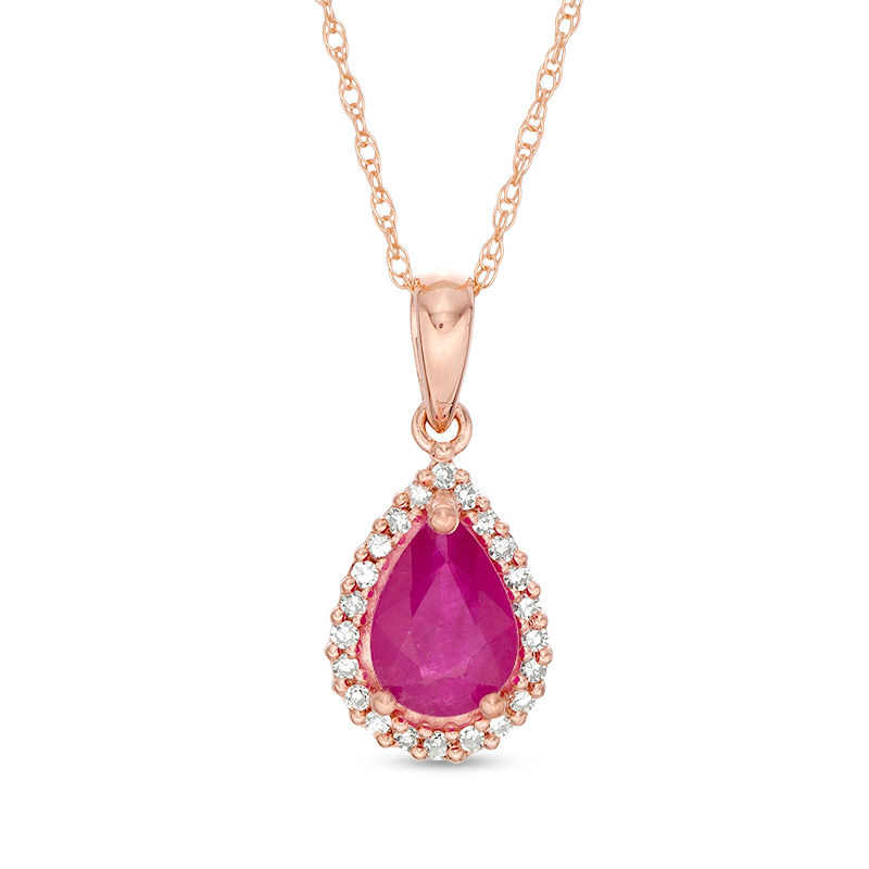 Main Image 1 of Pear-Shaped Ruby and 1/15 CT. T.W. Diamond Frame Pendant in 10K Rose Gold