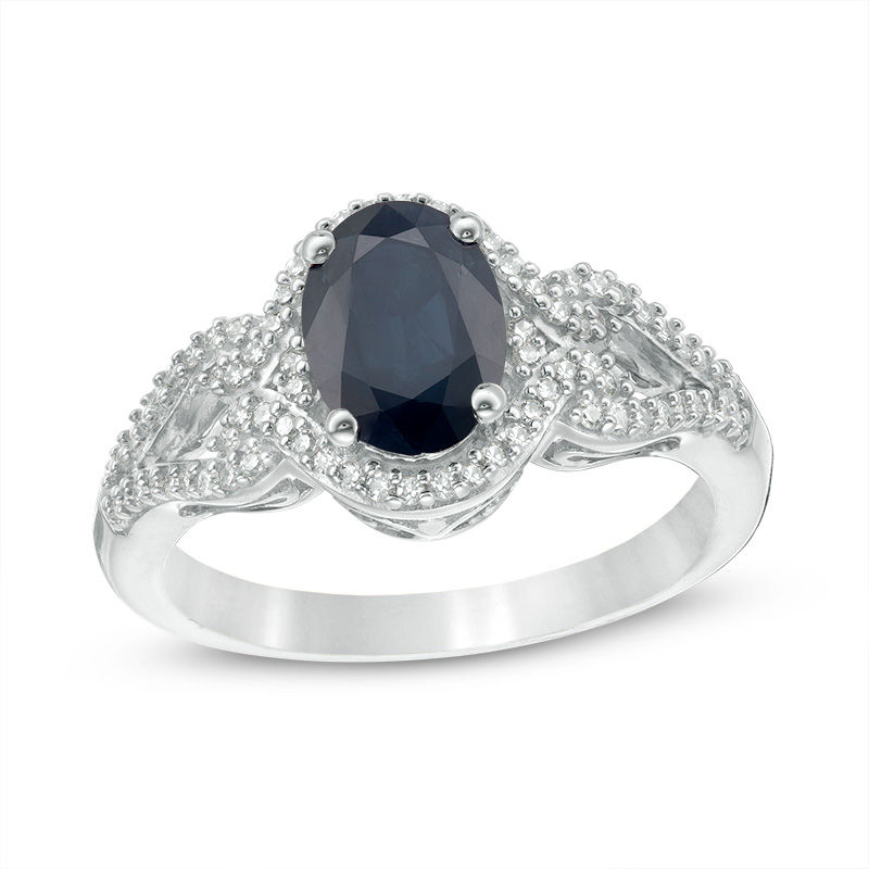 Main Image 1 of Oval Blue Sapphire and 1/5 CT. T.W. Diamond Frame Scrolling Split Shank Ring in 10K White Gold