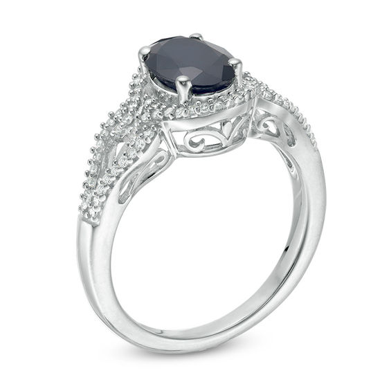 Oval Blue Sapphire and 1/5 CT. T.w. Diamond Frame Scrolling Split Shank Ring in 10K White Gold