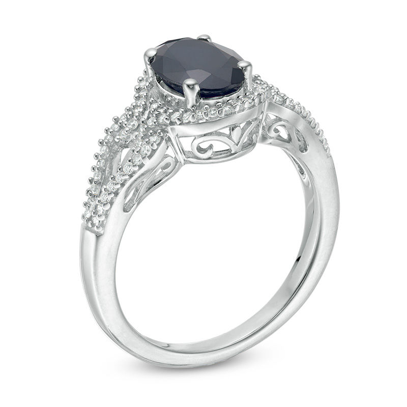 Main Image 3 of Oval Blue Sapphire and 1/5 CT. T.W. Diamond Frame Scrolling Split Shank Ring in 10K White Gold