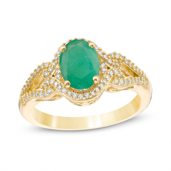 Oval Emerald and 1/5 CT. T.w. Diamond Frame Scrolling Split Shank Ring in 10K Gold