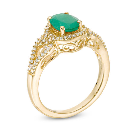 Oval Emerald and 1/5 CT. T.w. Diamond Frame Scrolling Split Shank Ring in 10K Gold