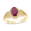 Thumbnail Image 1 of Oval Ruby and 1/5 CT. T.W. Diamond Frame Scrolling Split Shank Ring in 10K Gold