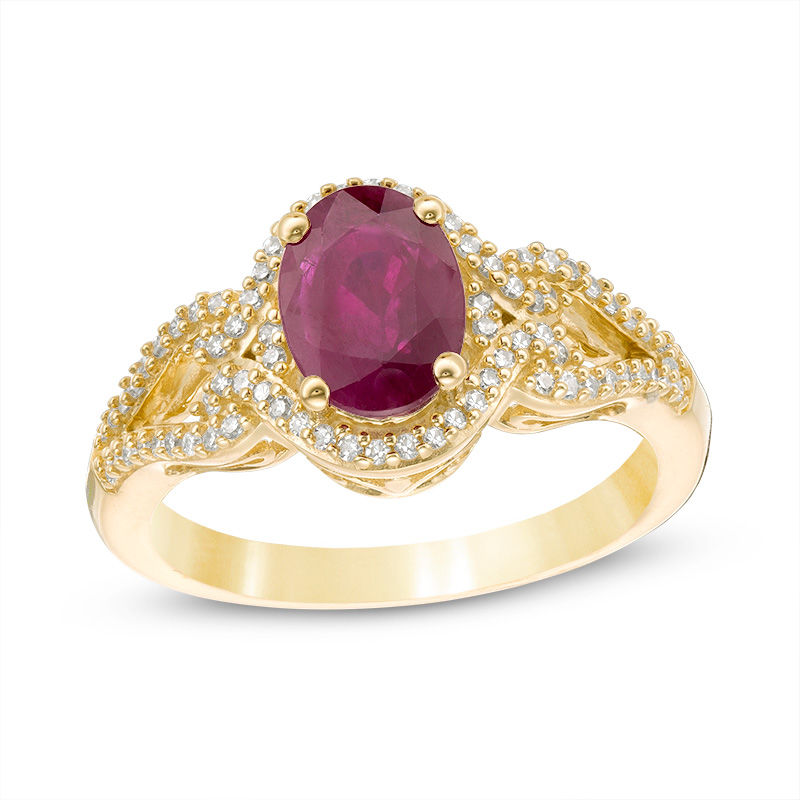 Main Image 1 of Oval Ruby and 1/5 CT. T.W. Diamond Frame Scrolling Split Shank Ring in 10K Gold
