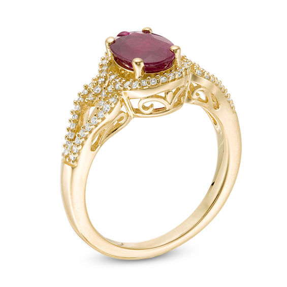 Oval Ruby and 1/5 CT. T.w. Diamond Frame Scrolling Split Shank Ring in 10K Gold