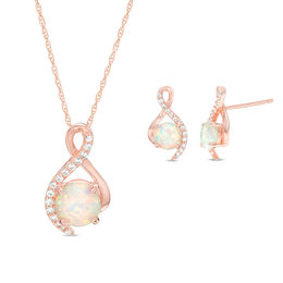 Lab-Created Opal and White Sapphire Ribbon Pendant and Stud Earrings Set in Sterling Silver with 14K Rose Gold Plate
