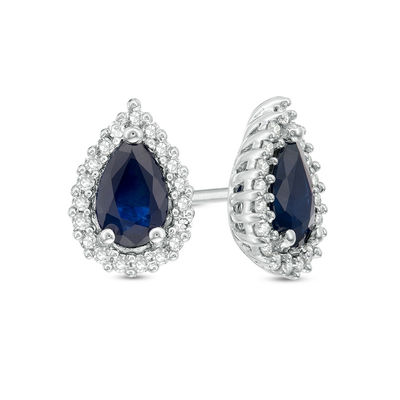 Pear-Shaped Blue Sapphire and 1/8 CT. T.W. Diamond Frame Stud Earrings in  10K White Gold
