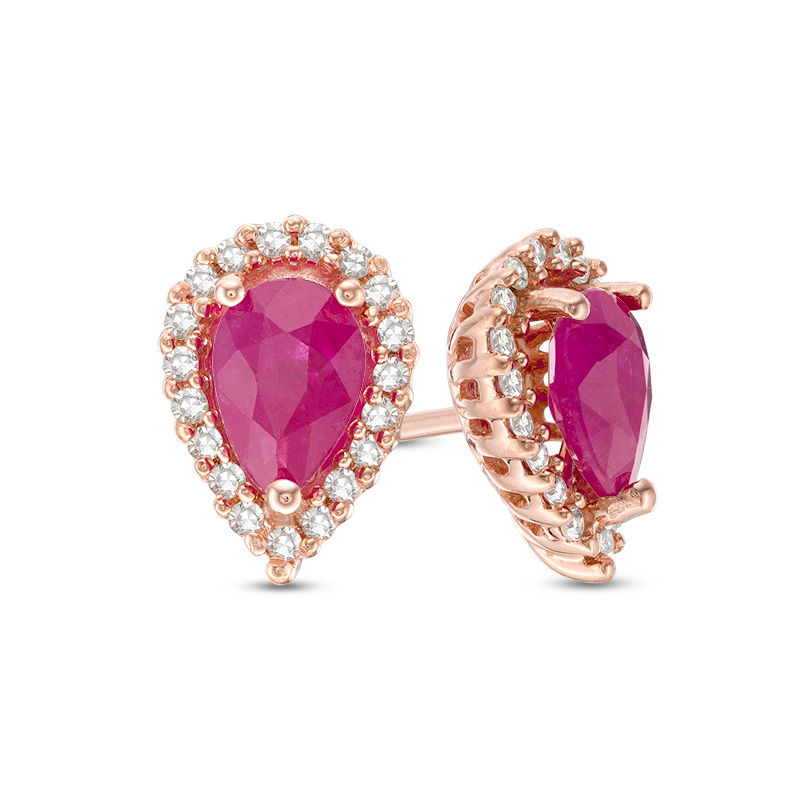 Main Image 1 of Pear-Shaped Ruby and 1/8 CT. T.W. Diamond Frame Stud Earrings in 10K Rose Gold