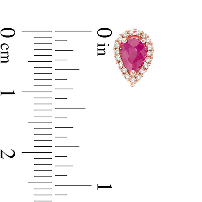 Main Image 3 of Pear-Shaped Ruby and 1/8 CT. T.W. Diamond Frame Stud Earrings in 10K Rose Gold