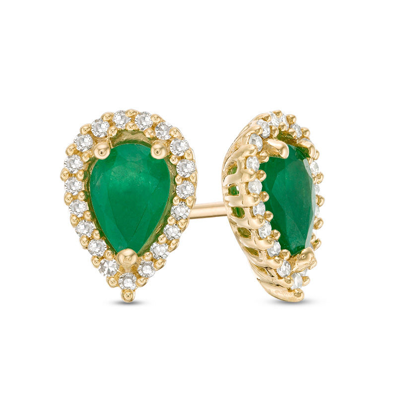 Main Image 1 of Pear-Shaped Emerald and 1/8 CT. T.W. Diamond Frame Stud Earrings in 10K Gold